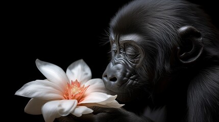  A monkey with a flower in its hand and another in the other hand