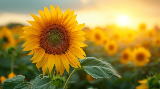  A sunflower in a sea of sunflowers, bathed in a golden sunset and set against a canvas of drifting clouds