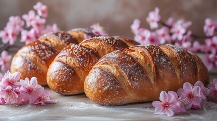  A plateau of croissants dusted with powdered sugar, surrounded by blossoms - obrazy, fototapety, plakaty