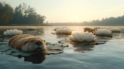Foto op Canvas  A dog resting beside a lake with white water lilies floating on its surface © Jevjenijs