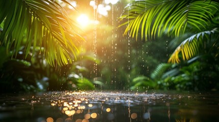  The sun illuminates a pool of water under a palmed tree in the tropics, with rain pouring down