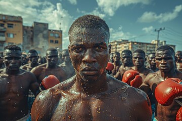 A group of boxers with a fierce determination, standing ready before a match, showcasing unity and strength