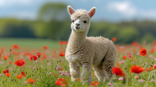  An Alpaca surrounded by red & pink blossoms, set against a hazy sky backdrop