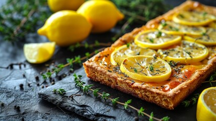  A photo of bread with lemons and herbs on a nearby table with a lemon bouquet in the background