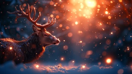  A snowy deer in winter with glowing backlight and falling snowflakes