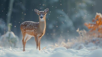  A deer stands amidst a snowy field with trees surrounding it, while snowflakes blanket the ground