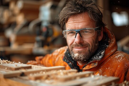 A skilled artisan in a woodshop with sawdust on his face and protective glasses