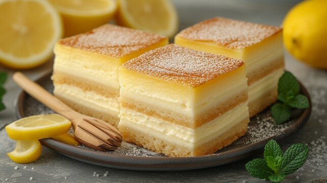  A simple image showing a slice of cake on a plate, with lemons and a fork nearby