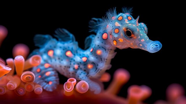  A macro image of a seahorse amidst corals against a black backdrop