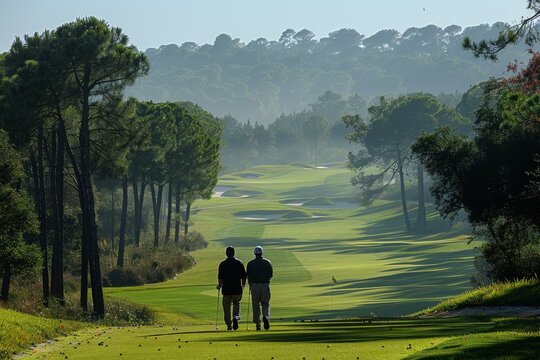Two friends enjoy a walk on a picturesque golf course with rolling fairways and lush trees during a serene morning