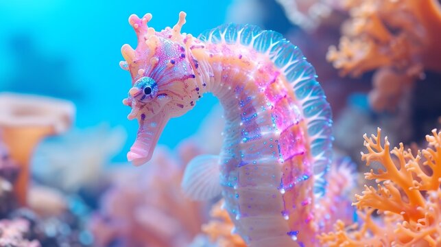  Close-up photo of a sea horse on coral surrounded by more coral