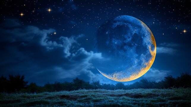  A stunning photo of a full moon with starry skies, set against a lush green grassy field with trees in the foreground