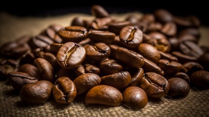 Fototapeta premium Pile of Coffee Beans on Burlap Sack 