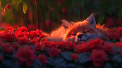 Fotobehang  A photo of a feline resting amidst a field of blossoms, its eyelids shut tight © Jevjenijs