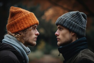 Two young men with contrasting hats facing each other outdoors