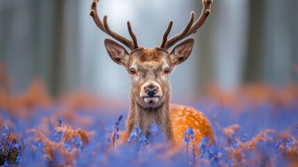 Naklejka na ściany i meble A detailed photograph of a deer wearing antlers amidst a field of bluebells