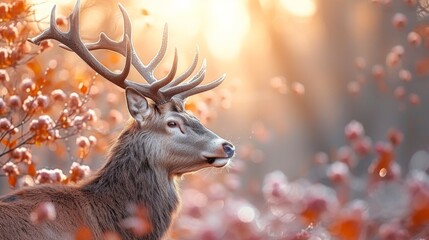  A photo of a deer with antlers, standing amidst red flowers