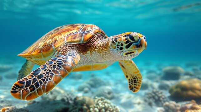  A close-up of a sea turtle swimming amidst corals and blue water on the ocean floor, with clear background