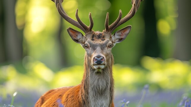  A zoomed-in image of a deer with antlers over a bluebell field