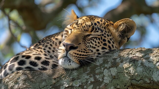  A leopard rests its head on a tree branch in a close-up image