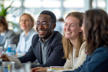 diverse group of students and professionals collaborate in a classroom, using laptops and engaging in discussions, reflecting teamwork and enthusiasm for learning and business endeavors