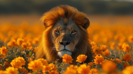  A detailed photo of a lion amidst flowers, partially concealed by its mane
