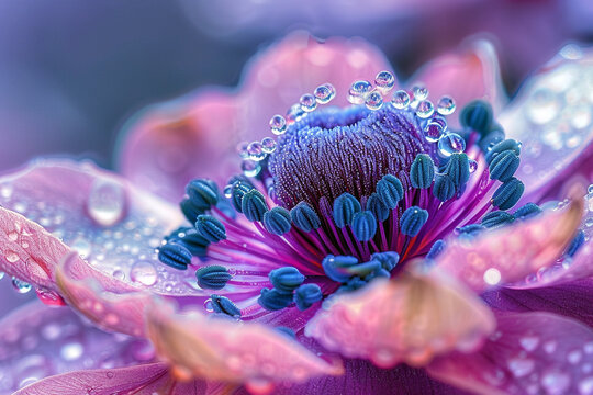 Macro photo of a flower with water droplets. Close up of beauty wild flower. Generative AI