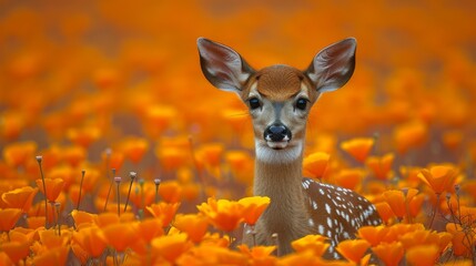  A deer in a field surrounded by vibrant orange and yellow flowers