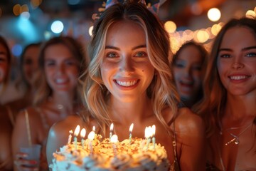 Obraz na płótnie Canvas Smiling woman in center of cheering friends with a birthday cake and lit candles