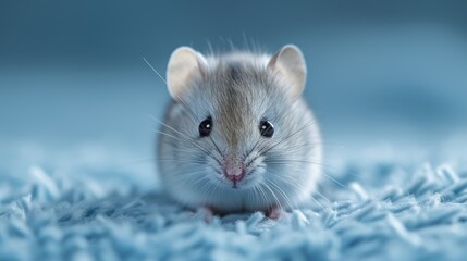  A detailed image of a tiny mammal on a blue rug with one eye shut and the other wide open