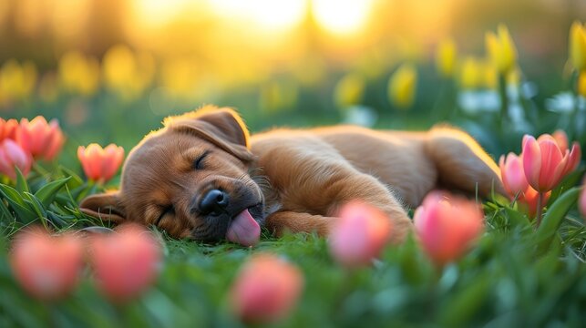  A puppy rests among tulip flowers, tongue extended and eyes shuttered