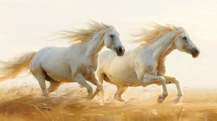 Obraz na płótnie Canvas A two-horse painting in grassy field against light sky