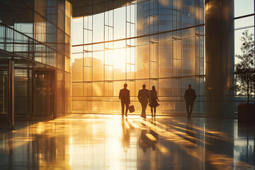 A group of people walking in a large, modern building with a lot of glass windows. The sun is shining through the windows, creating a warm and inviting atmosphere - Powered by Adobe