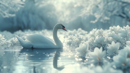  A white swan gliding atop a tranquil lake beside a dense woodland adorned with pure blossoms - obrazy, fototapety, plakaty