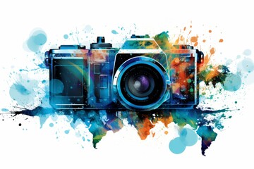 Professional camera and lens for photography with world map and vector illustration
