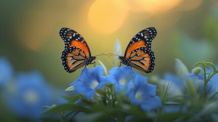  A macro image of a butterfly on a blue flower, with a soft focus background