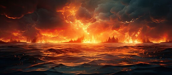 A massive blaze illuminating the sky reflects on the calm surface of a body of water