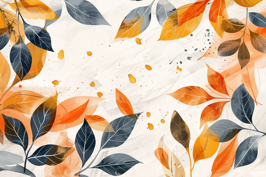 Abstract illustration of leaves in various pale autumn colors with watercolor splashes and spots © MariiaDemchenko