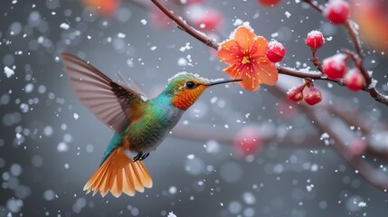  A bird with a flower in its beak, perched on a branch amidst snowfall