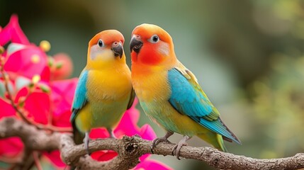  Two vibrant birds perched on a tree limb, adjacent to one with blossoms