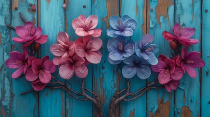  A cluster of pink and blue blossoms atop a blue wooden plank adjacent to a leaf-less tree