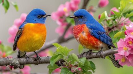  A pair of birds perched on a tree limb, adjacent to one bearing pink blossoms