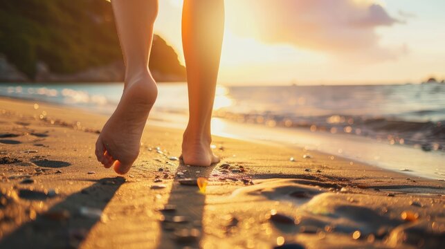 Barefoot walk along a serene beach, with the gentle touch of waves at sunset creating a tranquil moment of connection with nature - AI generated