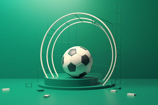 Soccer ball on the podium. 3D illustration. Green background.