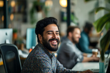 Obraz premium A man with a big smile is sitting at a desk with a laptop. He is surrounded by other people who are also working. The atmosphere seems to be positive and friendly