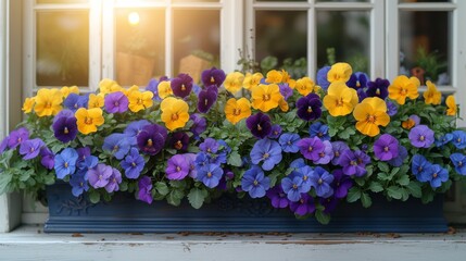  A purple-yellow pansy window with sunlight streaming through it