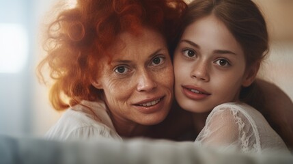 Woman with red hair is hugging young girl - obrazy, fototapety, plakaty