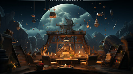 3D illustration of a night scene of a fairy-tale house 
fairy tale castle sci fi