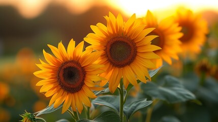  Sunflowers illuminate yellow field as sun shines on leaves, casting radiant glow onto sky in background