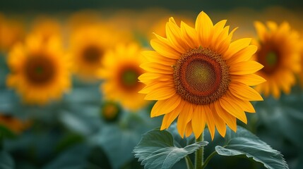  A sunflower field with a sunflower in the foreground and a green leafy plant adjacent to it